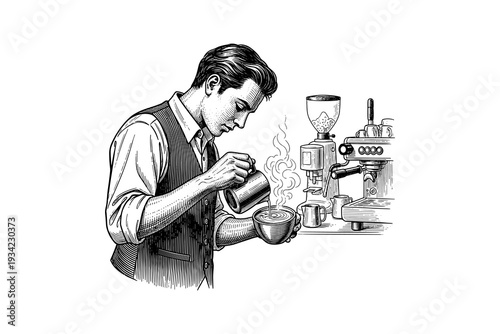Barista crafting latte art with espresso machine in vintage detailed style