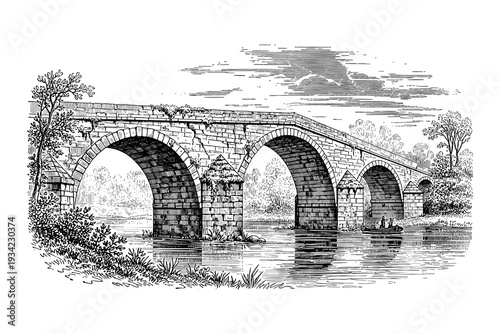 Vintage engraving of a historic stone bridge over a serene river