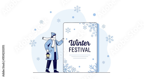 Winter Festival Flat Illustration: Person with Lantern, Snowflakes, and Sign