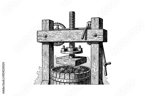 Vintage wooden cider press with grapes in black and white art