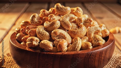 Close up of cashew nuts in a wooden bowl on a textured surface