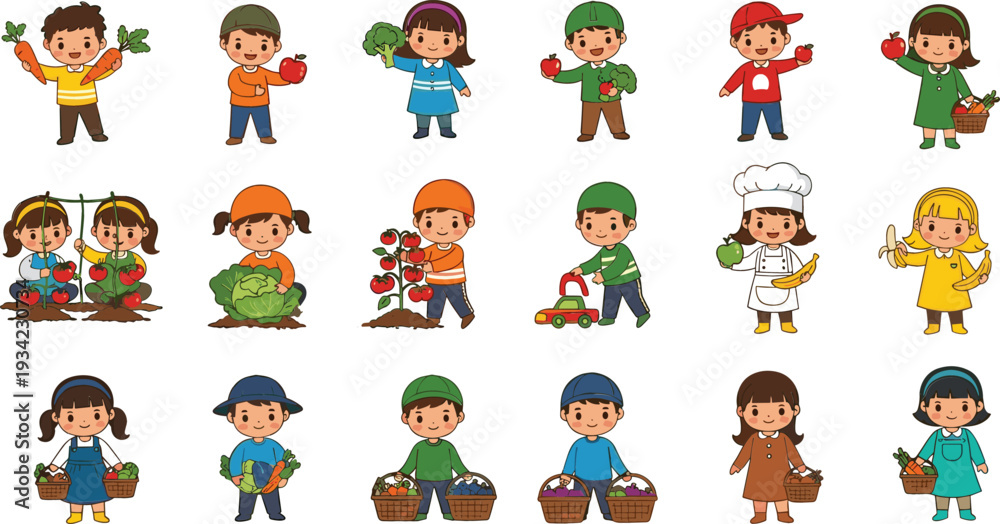 Fototapeta premium Cute Kids Gardening and Harvest Illustration Set with Children Picking Vegetables, Fruits and Farm Produce for Educational Design