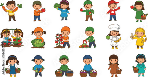 Cute Kids Gardening and Harvest Illustration Set with Children Picking Vegetables, Fruits and Farm Produce for Educational Design