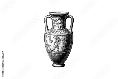 Ancient greek vase with mythical scenes in intricate engraving style