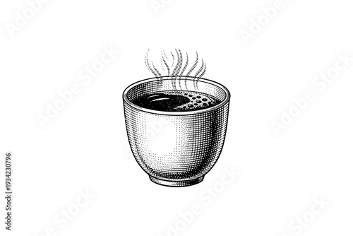 Vintage engraving of a steaming hot coffee cup with intricate details