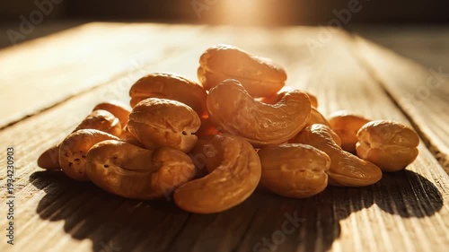 Close up of cashew nuts on a wooden surface with warm lighting and shadow