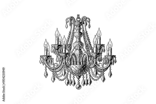 Intricate vintage chandelier with candle bulbs and crystal details on white background