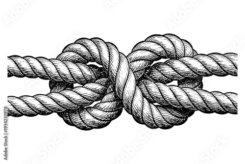 Intricate rope knot in detailed engraving art style on white background
