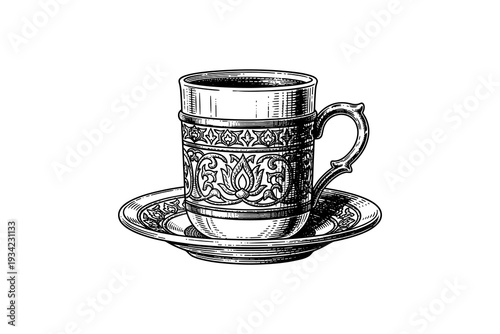 Ornate antique teacup and saucer with intricate vintage design