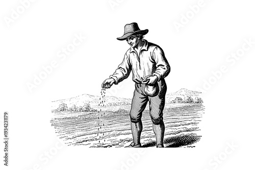 Vintage farmer sowing seeds in field with hat and traditional clothing, engraving art style
