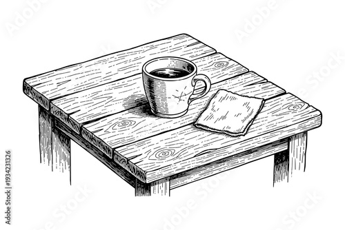 Rustic wooden table with coffee mug and napkin in vintage sketch style