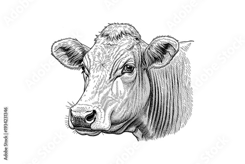 Detailed black and white cow portrait with hand-drawn etching style