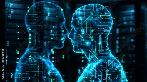 Digital human silhouettes with circuit board patterns and data transfer.