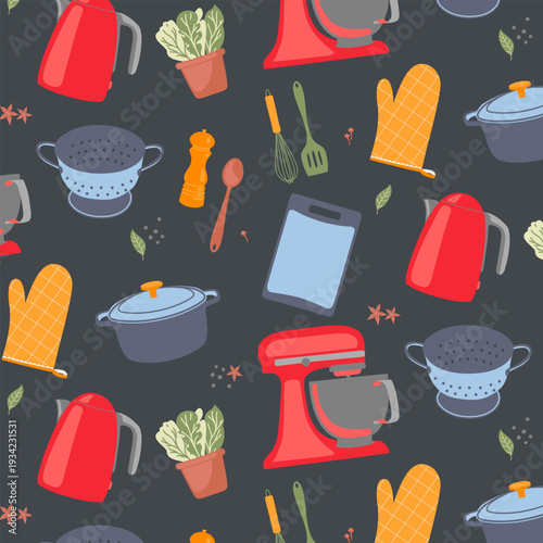 Vintage kitchen seamless pattern with retro cooking appliances and utensils in dark colors.