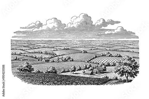 Vintage black and white engraving of a countryside farm landscape