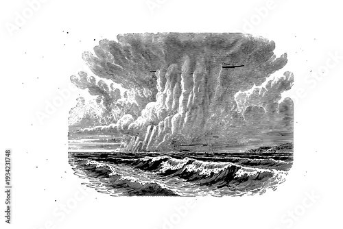 Vintage engraving of dramatic ocean scene with stormy clouds and waves