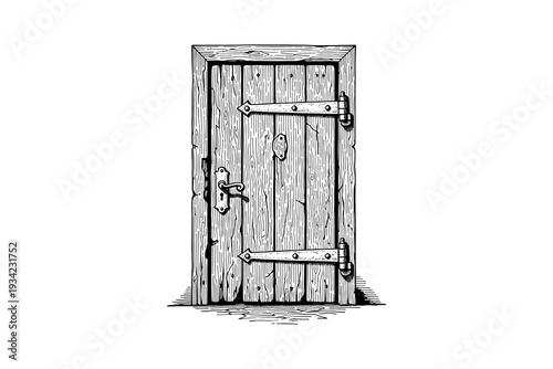 Rustic wooden door with vintage hinges in hand drawn style