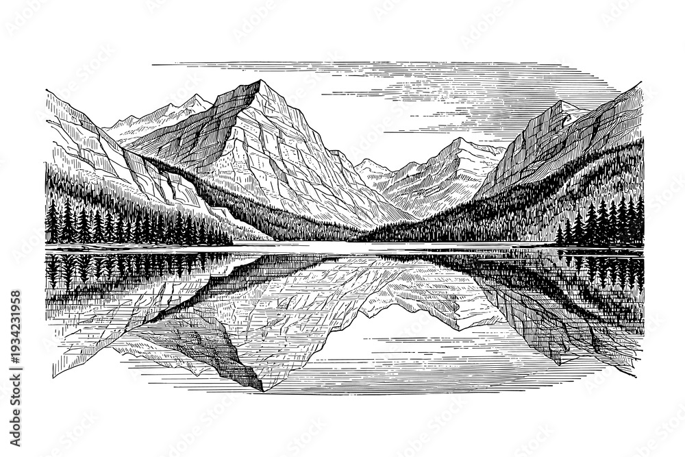 Fototapeta premium Detailed monochrome mountain landscape with reflections in a tranquil lake