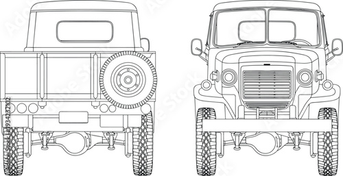 Vintage off road utility truck vector line drawing with front and rear views