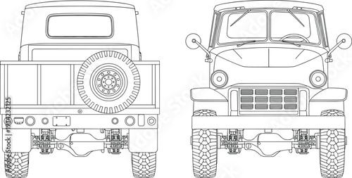 Vintage off road military utility truck vector line drawing with front and rear views