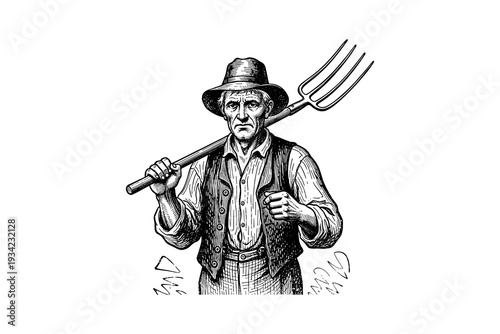 Vintage farmer with pitchfork in detailed retro engraving style