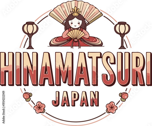 Japanese Hinamatsuri Festival Logo with Hina Doll Character, Peach Blossoms and Traditional Lanterns on White Background