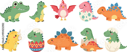 Cute Baby Dinosaur Illustration Set with T Rex, Triceratops, Stegosaurus and Hatching Eggs for Kids Nursery and Cartoon Designs