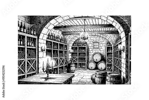 Rustic wine cellar with vintage barrels and bottles in detailed engraving style