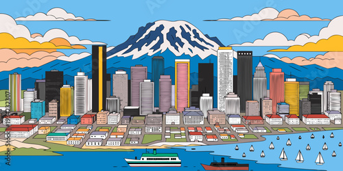 USA, US, U.S, United States - Seattle skyline aerial view with Mount Rainier, ultra-wide flat vector
