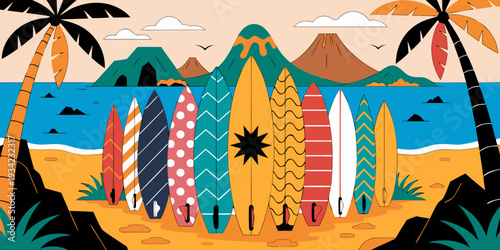 USA, US, U.S, United States - Surfboards on Hawaii coast, ocean waves flat vector, panoramic banner

