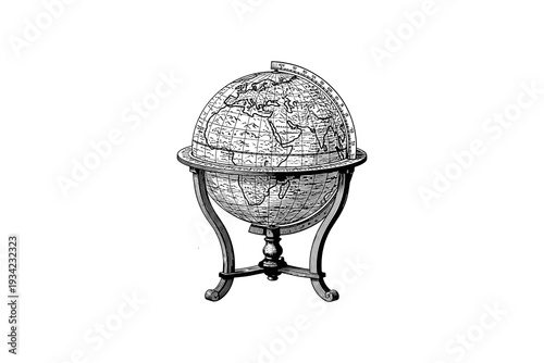 Detailed vintage globe sketch with stand on white background