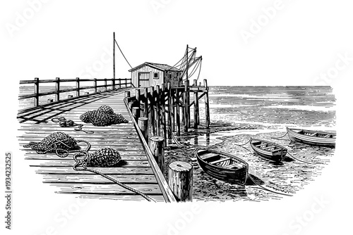 Vintage harbor scene with fishing boats and pier in black and white drawing style