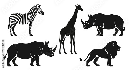 African Safari Animals Silhouettes Set: Zebra, Giraffe, Rhino, and Lion Icons