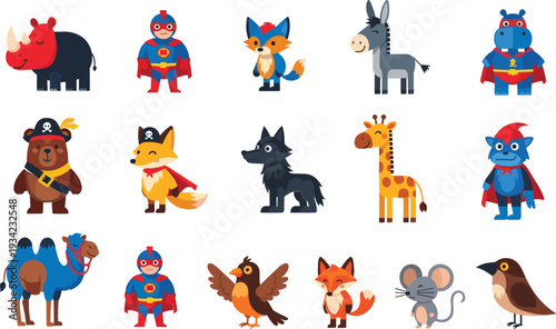 Cute Animal Superhero and Pirate Characters Illustration Set with Rhino, Fox, Wolf, Giraffe, Mouse and More Cartoon Figures