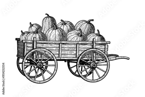 Vintage wagon filled with harvest pumpkins in rustic monochrome style
