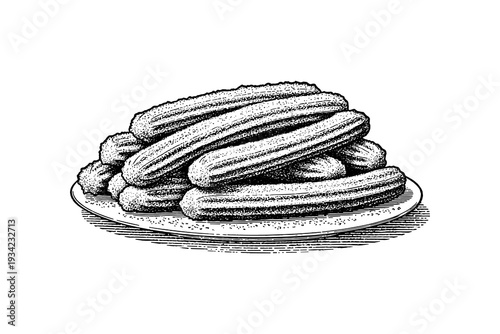 Detailed vintage drawing of churros on a plate