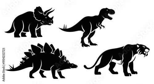 Prehistoric Animal Silhouettes Collection: Dinosaurs and Saber-toothed Tiger Vector Set