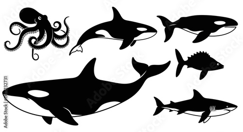 Ocean Life Silhouettes: Killer Whales, Octopus, Shark, and Fish Vector Set