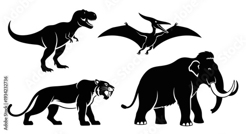 Prehistoric Animal Silhouettes Collection: Tyrannosaurus, Pterodactyl, Mammoth, Saber-toothed Tiger