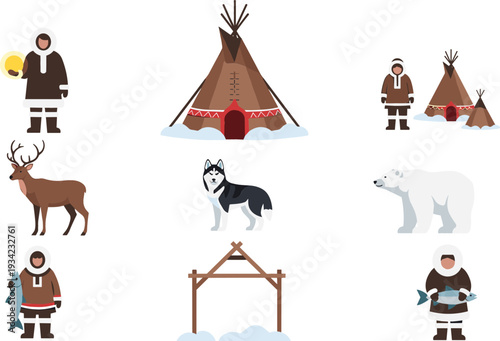 Arctic Indigenous Life Illustration Set with Inuit People, Reindeer, Husky, Polar Bear and Traditional Tent for Cultural Design
