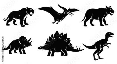 Prehistoric Animal Silhouettes: Dinosaurs and Extinct Mammals Vector Set
