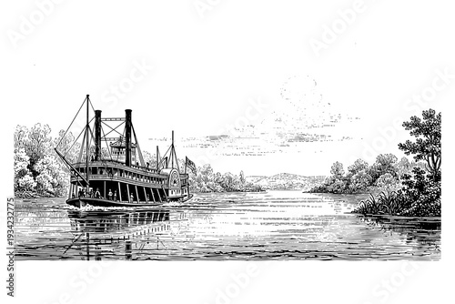 Vintage steamboat on river: detailed black and white ink landscape