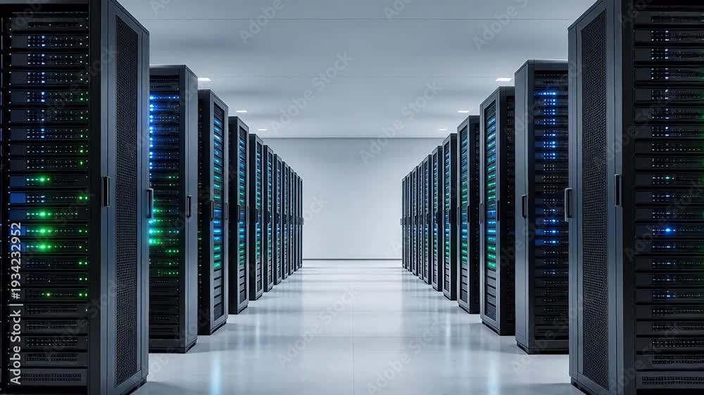 Modern data center server room with rows of illuminated rack servers ...