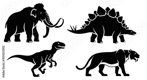 Prehistoric Animals Silhouettes Collection: Mammoth, Stegosaurus, Velociraptor, Saber-toothed Tiger
