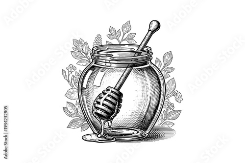 Intricate jar of honey with dipper and floral details in vintage style