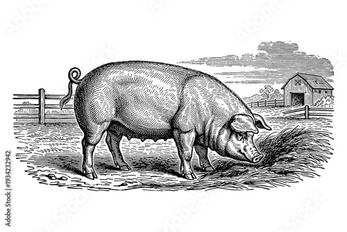 Vintage engraving of pig in farm setting with barn and fence