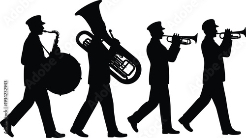 Marching Band Parade Silhouette Vector with Musicians Playing Saxophone, Bass Drum, Tuba, and Trumpets Isolated on Light Background Illustration