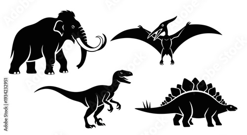 Prehistoric Animals Silhouettes: Mammoth, Pterodactyl, Velociraptor, and Stegosaurus