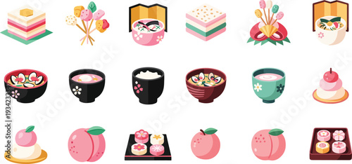 Japanese Hinamatsuri Festival Icons Set with Hishimochi, Chirashizushi, Peach Blossoms and Traditional Sweets for Girl's Day Celebration
