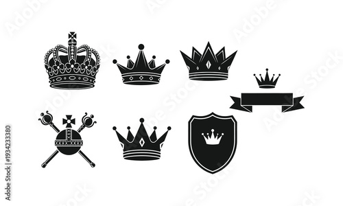 Regal crowns crest and royal symbols vector silhouette illustration